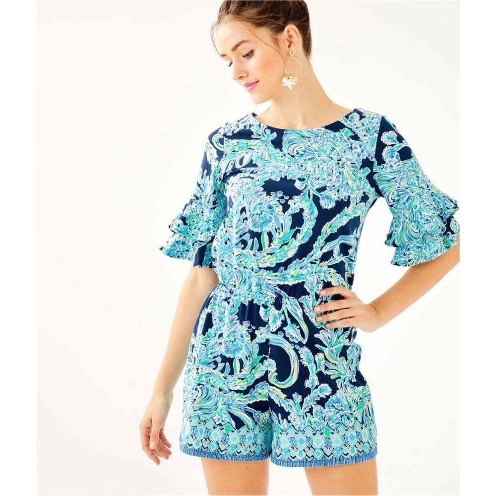 Lilly Pulitzer Lula Romper High Tide Navy Scuba Doo Engineered Shorts Size Small
